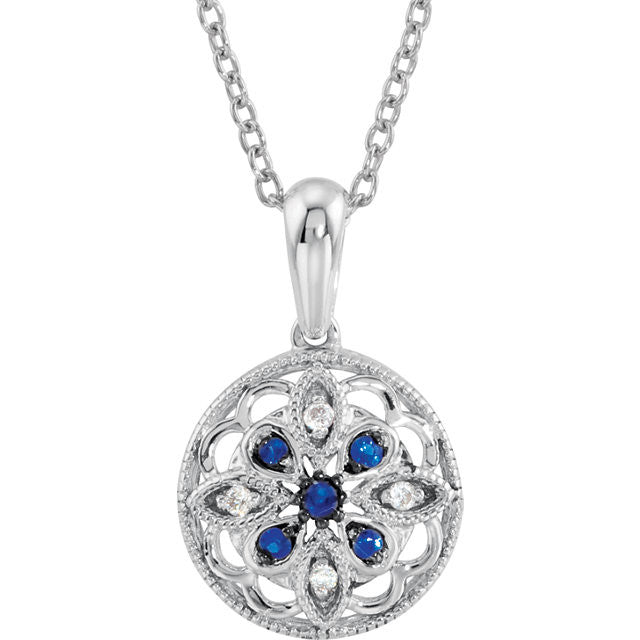 Sterling Silver Blue Sapphire & Diamond Granulated Filigree Necklace- Sparkle & Jade-SparkleAndJade.com 69749:100:P