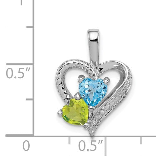 Sterling Silver Blue Topaz, Peridot and Diamond Heart Pendant- Sparkle & Jade-SparkleAndJade.com QP3857