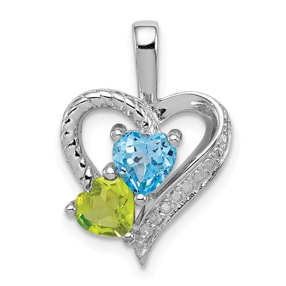 Sterling Silver Blue Topaz, Peridot and Diamond Heart Pendant- Sparkle & Jade-SparkleAndJade.com QP3857