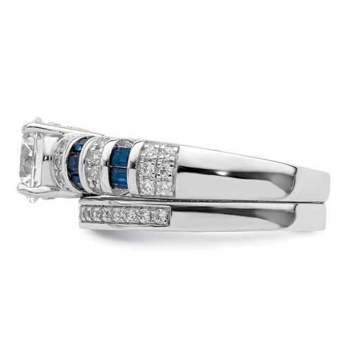 Sterling Silver Blue and White CZ Engagement Ring and Band Set- Sparkle & Jade-SparkleAndJade.com 