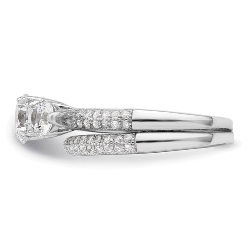 Sterling Silver CZ 3 Stone Pave Band Engagement Ring Set- Sparkle & Jade-SparkleAndJade.com 