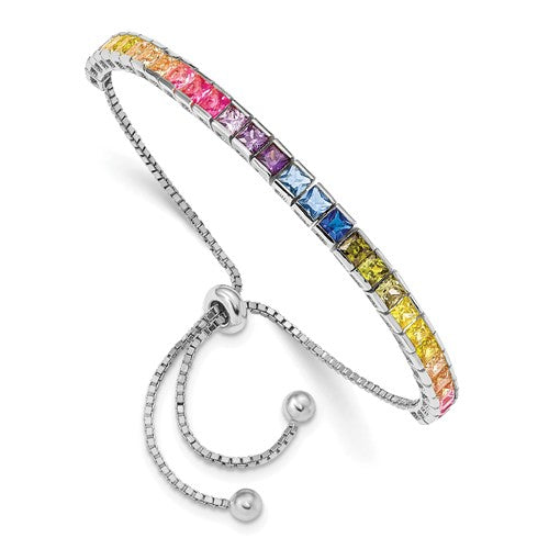 Sterling Silver CZ 4mm Channel-Set Colorful Rainbow Adjustable Bracelet- Sparkle & Jade-SparkleAndJade.com QG5661