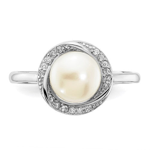 Sterling Silver CZ 7-8mm Button White FWC Pearl Ring- Sparkle & Jade-SparkleAndJade.com 