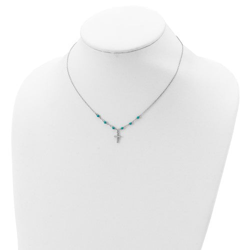 Sterling Silver CZ And Synthetic Turquoise Cross Pendant Necklace- Sparkle & Jade-SparkleAndJade.com QG5179-16