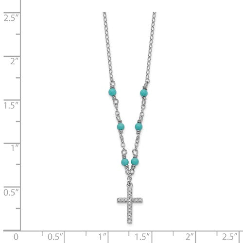 Sterling Silver CZ And Synthetic Turquoise Cross Pendant Necklace- Sparkle & Jade-SparkleAndJade.com QG5179-16