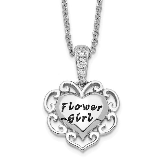 Sterling Silver CZ Antiqued Flower Girl 18in. Necklace- Sparkle & Jade-SparkleAndJade.com QSX674