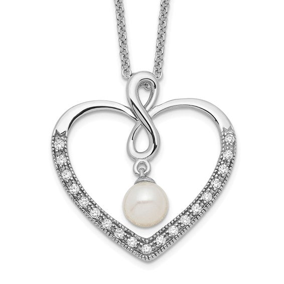 Sterling Silver CZ & Cultured Pearl 'My Friend' Heart Necklace- Sparkle & Jade-SparkleAndJade.com QSX453