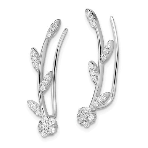 Sterling Silver CZ Flower and Stem Climber Earrings- Sparkle & Jade-SparkleAndJade.com QE13481
