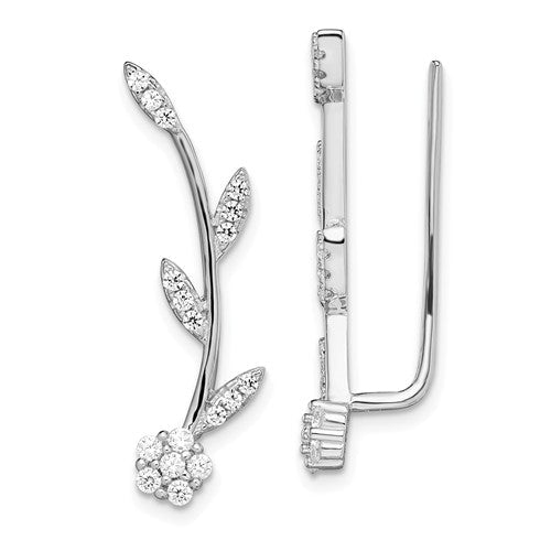 Sterling Silver CZ Flower and Stem Climber Earrings- Sparkle & Jade-SparkleAndJade.com QE13481