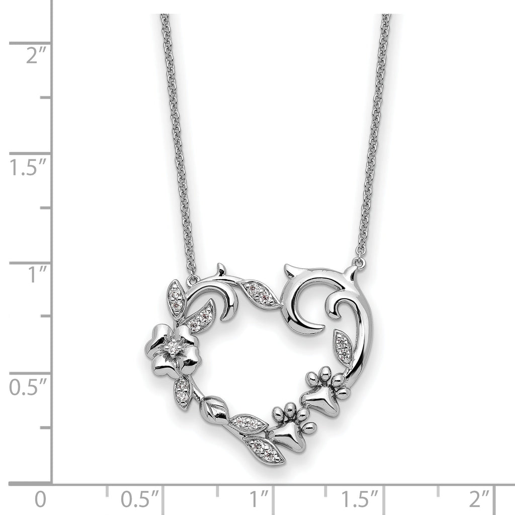 Sterling Silver CZ My Special Pet Heart with Flowers and Paw Prints 18" Necklace- Sparkle & Jade-SparkleAndJade.com QSX741