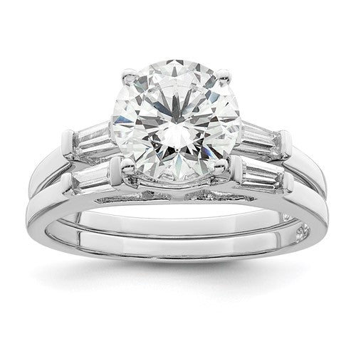 Sterling Silver CZ Round and Baguette Two Piece Wedding Set Rings