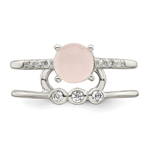 Sterling Silver CZ and Pink Quartzite Double Band Ring- Sparkle & Jade-SparkleAndJade.com 