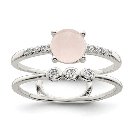 Sterling Silver CZ and Pink Quartzite Double Band Ring- Sparkle & Jade-SparkleAndJade.com 