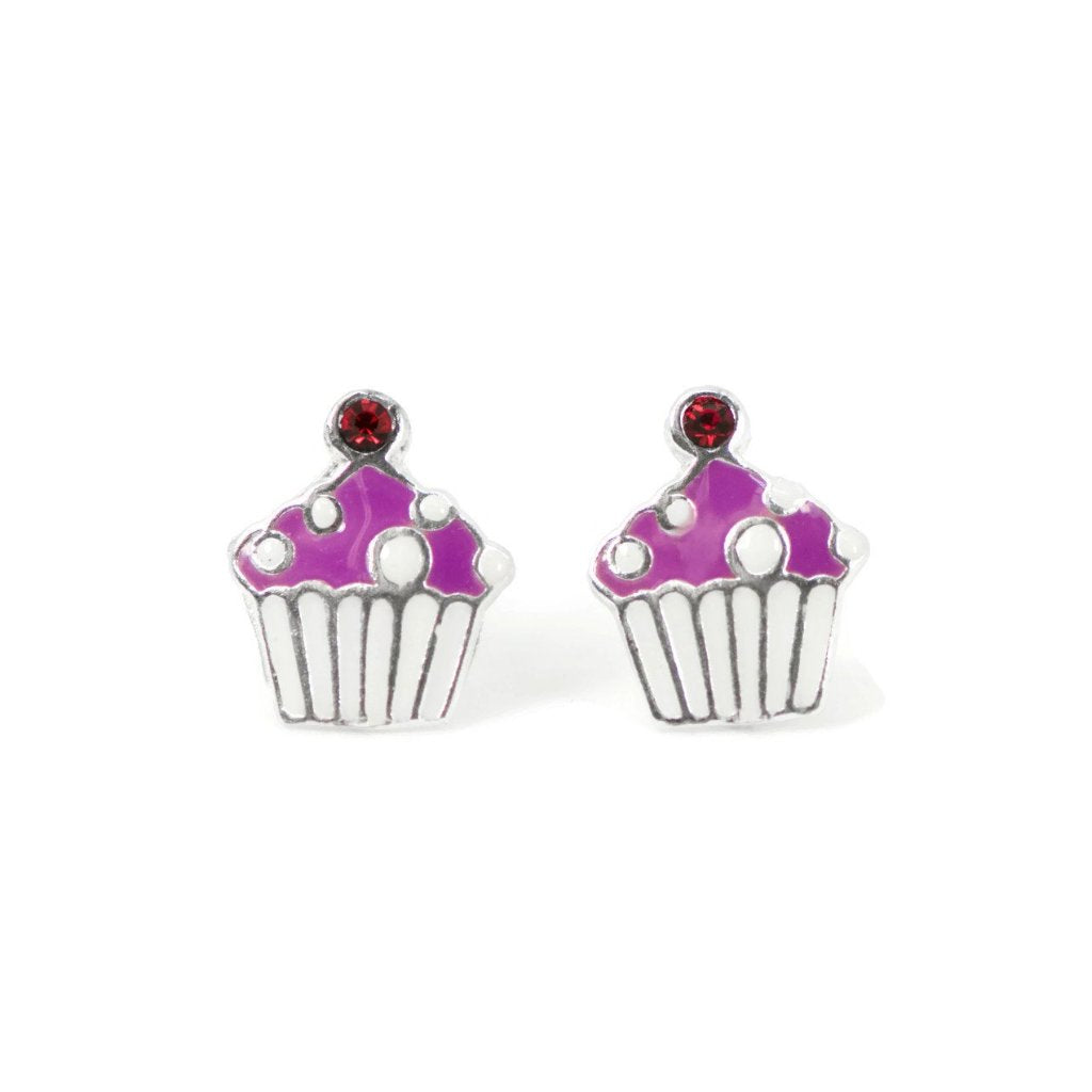 Sterling Silver Children's Cupcake with CZ Cherry on Top Earrings- Sparkle & Jade-SparkleAndJade.com CCakeEAR