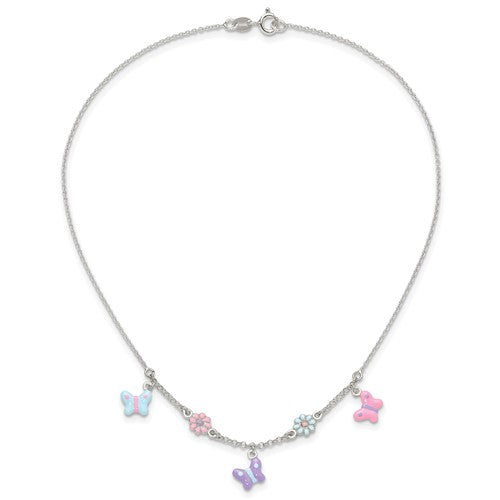 Sterling Silver Children's Enameled Floral & Butterfly Necklace- Sparkle & Jade-SparkleAndJade.com QG4660-14