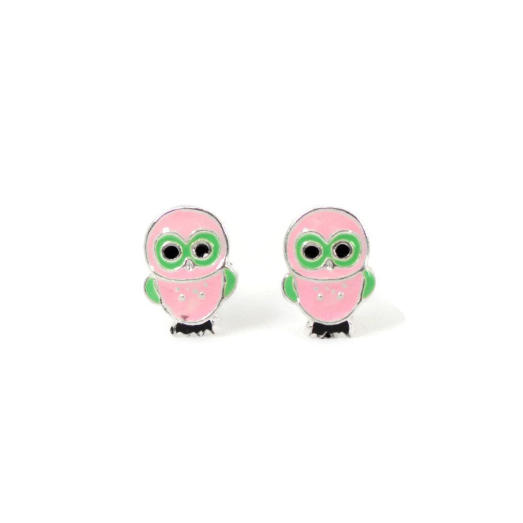 Sterling Silver Children's Pink and Green Owl Earrings- Sparkle & Jade-SparkleAndJade.com SSPKGROWLEAR