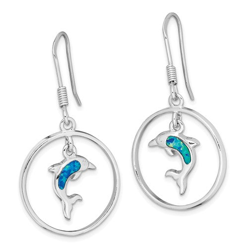 Sterling Silver Circle With Blue Opal Dolphin Dangle Earrings- Sparkle & Jade-SparkleAndJade.com QE12600