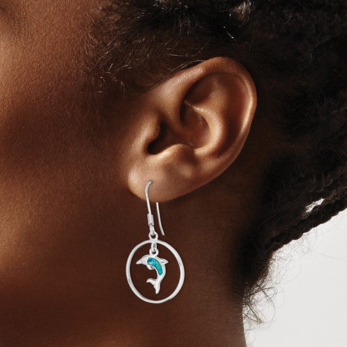 Sterling Silver Circle With Blue Opal Dolphin Dangle Earrings- Sparkle & Jade-SparkleAndJade.com QE12600