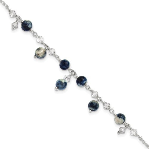 Sterling Silver Clear Crystal & Lapis Anklet Bracelet- Sparkle & Jade-SparkleAndJade.com QG1396-9