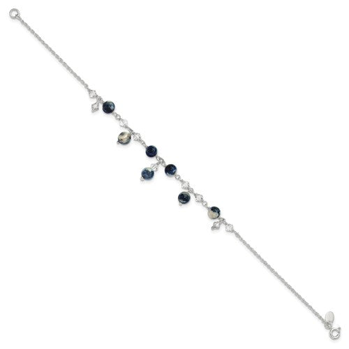 Sterling Silver Clear Crystal & Lapis Anklet Bracelet- Sparkle & Jade-SparkleAndJade.com QG1396-9