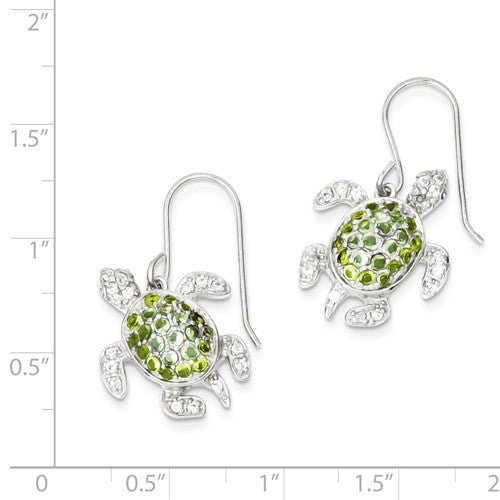 Sterling Silver Clear, Green CZ Turtle Dangle Earrings- Sparkle & Jade-SparkleAndJade.com QE7403