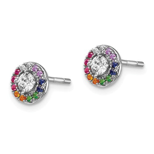 Sterling Silver Colorful Rainbow And Clear Halo Circle Post Earrings- Sparkle & Jade-SparkleAndJade.com QE14448