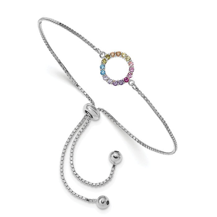 Sterling Silver Colorful Rainbow CZ Open Circle Adjustable Bolo Bracelet- Sparkle & Jade-SparkleAndJade.com QG5665