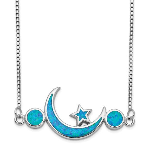 Sterling Silver Created Blue Opal Moon & Star Necklace- Sparkle & Jade-SparkleAndJade.com QG4328-19