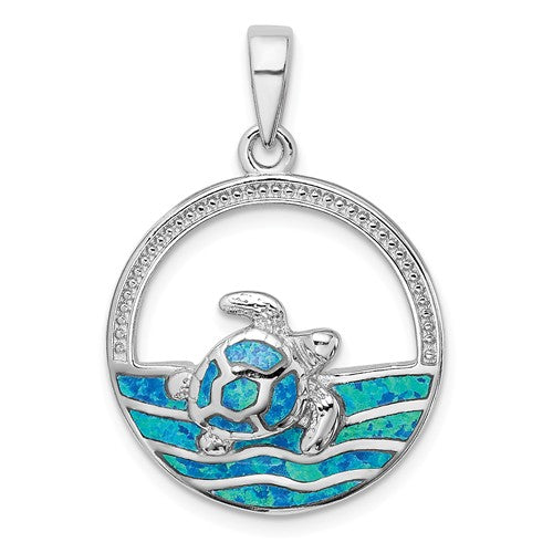 Sterling Silver Created Blue Opal Ocean Waves & Sea Turtle Pendant- Sparkle & Jade-SparkleAndJade.com QP4871