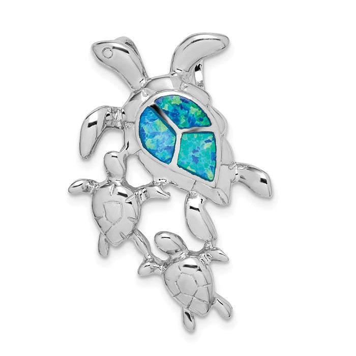 Sterling Silver Created Blue Opal Sea Turtle Mom with Babies Slide Pendant- Sparkle & Jade-SparkleAndJade.com QP5337