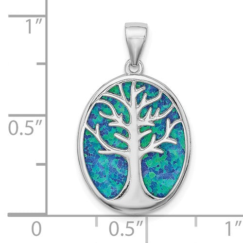 Sterling Silver Created Blue Opal Tree Of Life Oval Pendant- Sparkle & Jade-SparkleAndJade.com QP4863