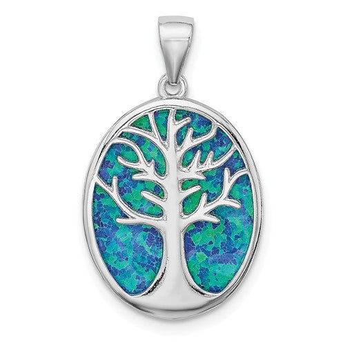 Sterling Silver Created Blue Opal Tree Of Life Oval Pendant- Sparkle & Jade-SparkleAndJade.com QP4863