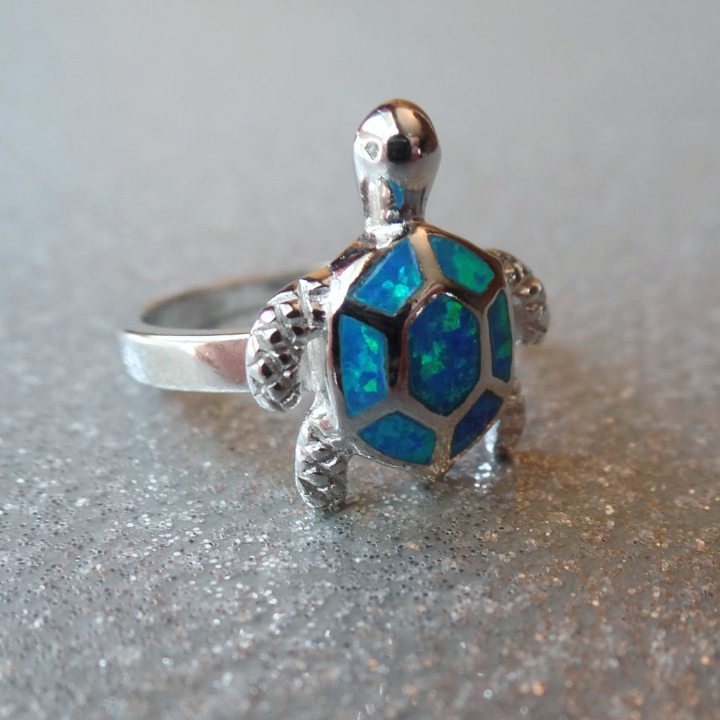 Sterling Silver Created Blue Opal Turtle Ring- Sparkle & Jade-SparkleAndJade.com 