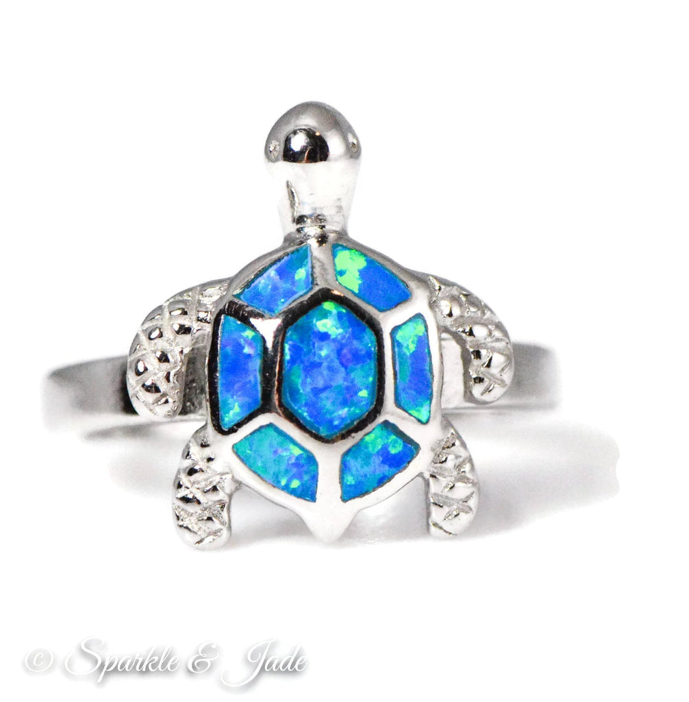 Sterling Silver Created Blue Opal Turtle Ring- Sparkle & Jade-SparkleAndJade.com 