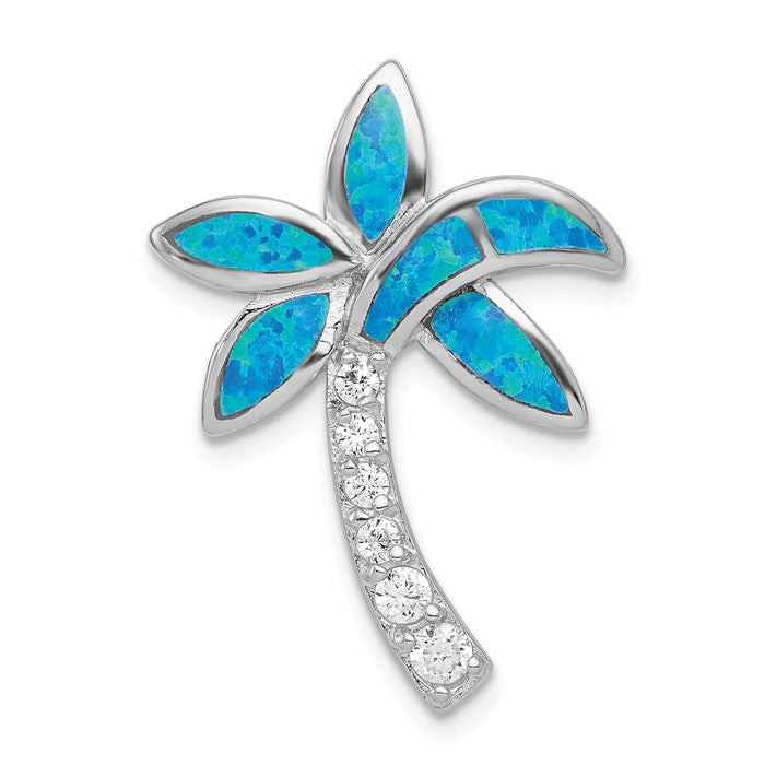 Sterling Silver Created Blue Opal and CZ Palm Tree Pendant- Sparkle & Jade-SparkleAndJade.com QC7697