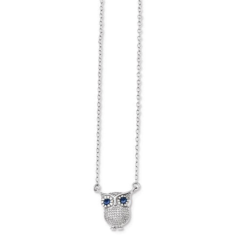 Sterling Silver Created Blue Sapphire Owl Necklace- Sparkle & Jade-SparkleAndJade.com QG3687-16