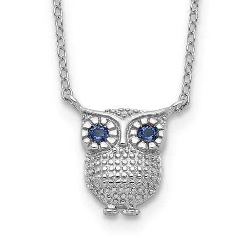 Sterling Silver Created Blue Sapphire Owl Necklace- Sparkle & Jade-SparkleAndJade.com QG3687-16