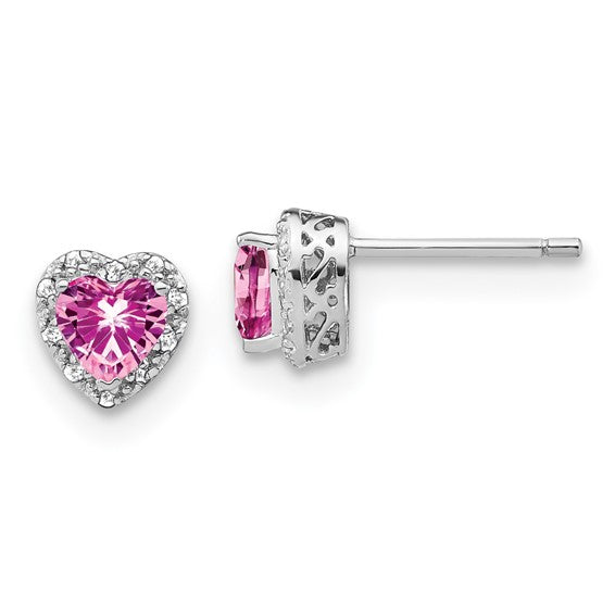 Sterling Silver Created Pink Sapphire and Diamond Heart Earrings- Sparkle & Jade-SparkleAndJade.com EM7400-CPS-010-SSA