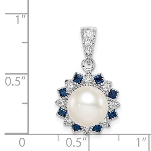 Sterling Silver Cultured Pearl, CZ and Blue Spinel Flower Pendant- Sparkle & Jade-SparkleAndJade.com QP5074