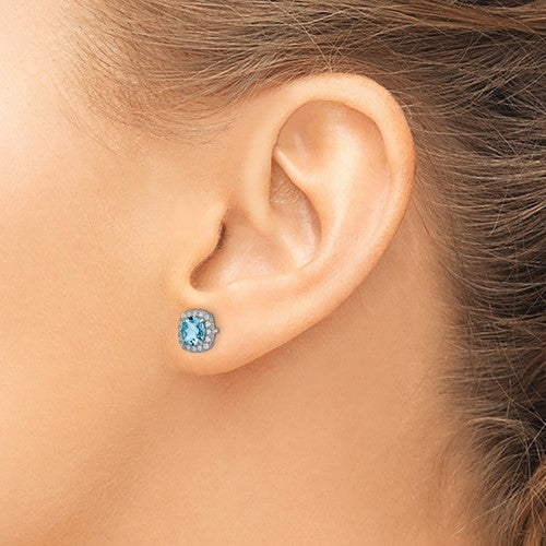 Sterling Silver Cushion Blue Topaz & Created White Sapphire Halo Earrings- Sparkle & Jade-SparkleAndJade.com QE13996