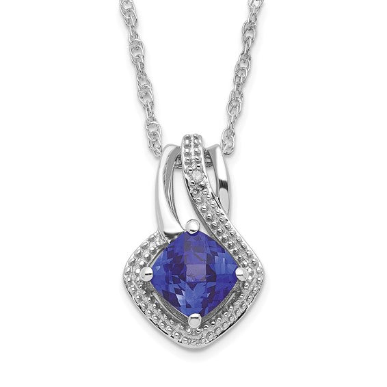 Sterling Silver Cushion Cut Ceylon Blue Sapphire & Diamond Pendant 18" Necklace- Sparkle & Jade-SparkleAndJade.com PXS2598/CRCEY-SSAS53
