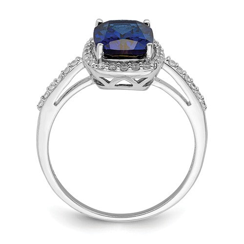 Sterling Silver Cushion Cut Lab-Created Blue Sapphire & CZ Halo Ring- Sparkle & Jade-SparkleAndJade.com 