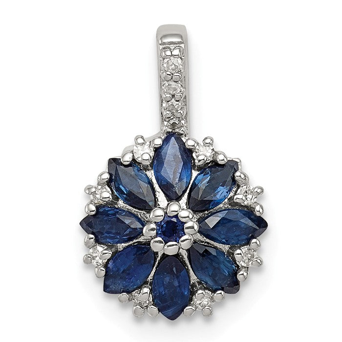 Sterling Silver Diamond And Genuine Blue Sapphire Flower Pendant- Sparkle & Jade-SparkleAndJade.com QP2999S