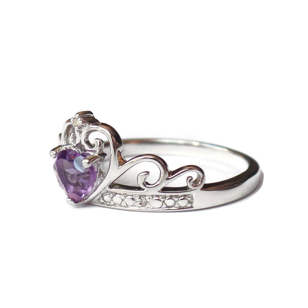 Sterling Silver Diamond And Heart Shaped Amethyst Crown Ring- Sparkle & Jade-SparkleAndJade.com 