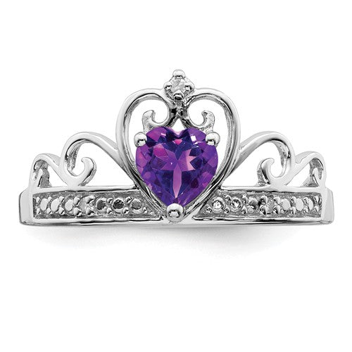 Sterling Silver Diamond And Heart Shaped Amethyst Crown Ring- Sparkle & Jade-SparkleAndJade.com 