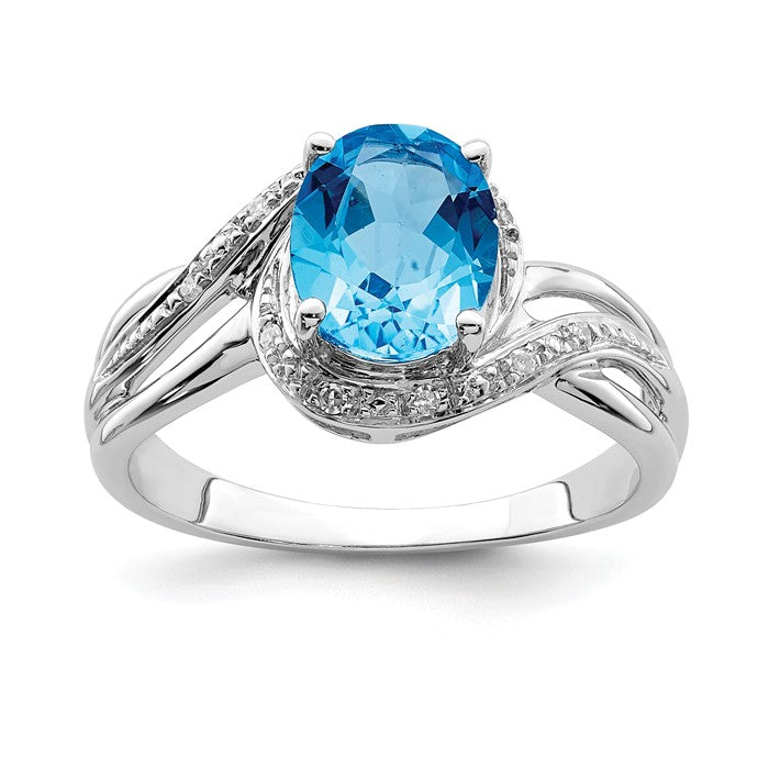Sterling Silver Diamond And Oval Swiss Blue Topaz Ring- Sparkle & Jade-SparkleAndJade.com 