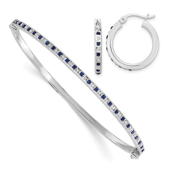Sterling Silver Diamond & Blue Sapphire Bangle Bracelet and Round Hoop Earrings Set- Sparkle & Jade-SparkleAndJade.com QDF199