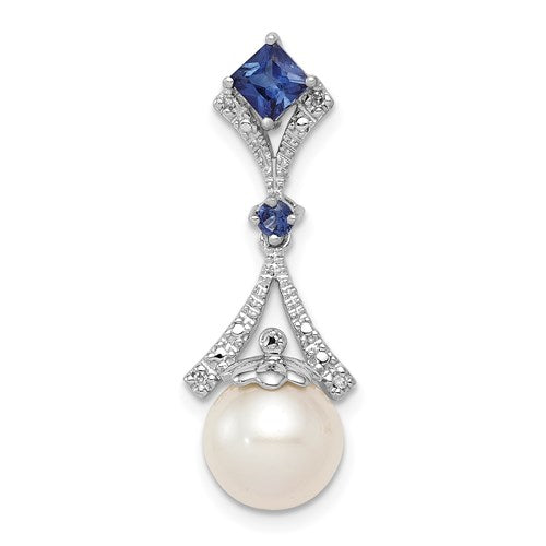Sterling Silver Diamond & Created Sapphire Cultured Pearl Pendant- Sparkle & Jade-SparkleAndJade.com QP3187