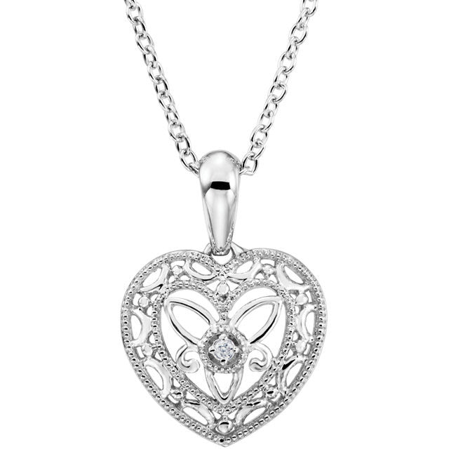 Sterling Silver & Diamond Filigree Heart 18" Necklace- Sparkle & Jade-SparkleAndJade.com 67990:100:P