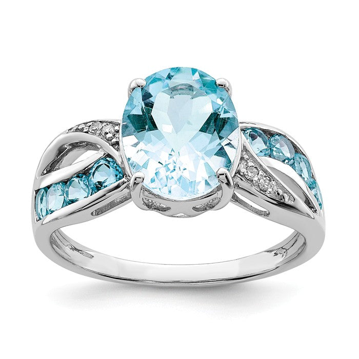 Sterling Silver Diamond & Light Swiss Blue Topaz Oval Ring- Sparkle & Jade-SparkleAndJade.com 